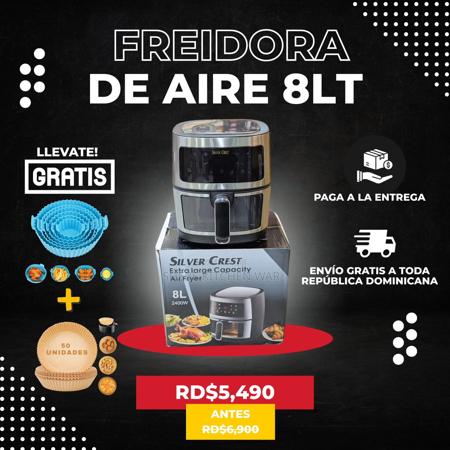 Freidora de aire 8L + Papel (50 Unds) + Set molde silicon (6 piezas)