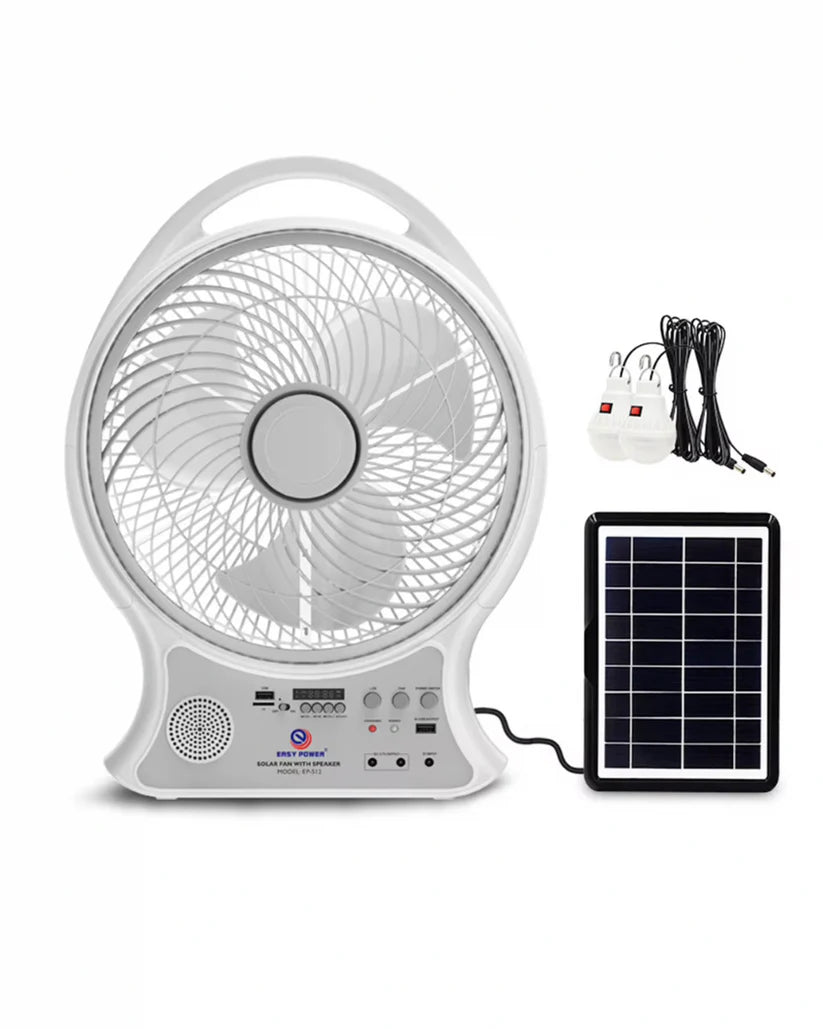 Abanico Solar Multifunción | Iluminación LED, Altavoz BT y Radio FM