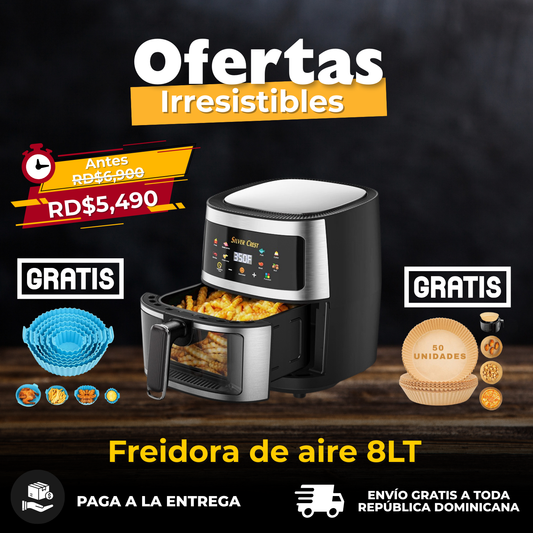 Freidora de aire 8L + Papel (50 Unds) + Set molde silicon (6 piezas)