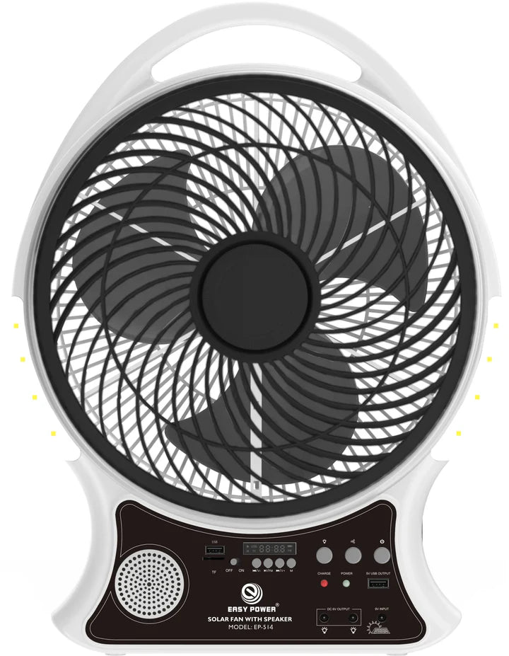 Abanico Solar Multifunción | Iluminación LED, Altavoz BT y Radio FM