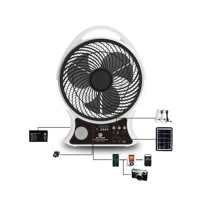 Abanico Solar Multifunción | Iluminación LED, Altavoz BT y Radio FM