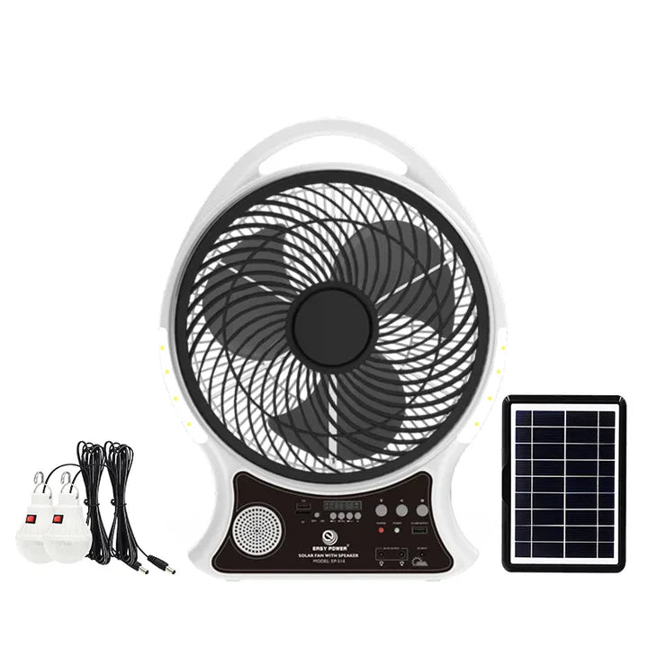 Abanico Solar Multifunción | Iluminación LED, Altavoz BT y Radio FM