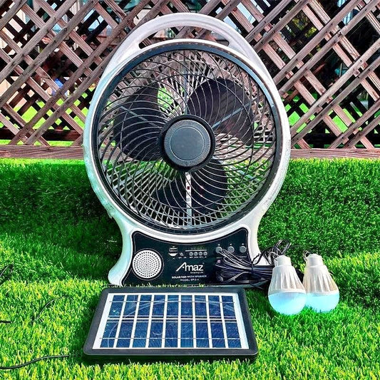 Abanico Solar Multifunción | Iluminación LED, Altavoz BT y Radio FM