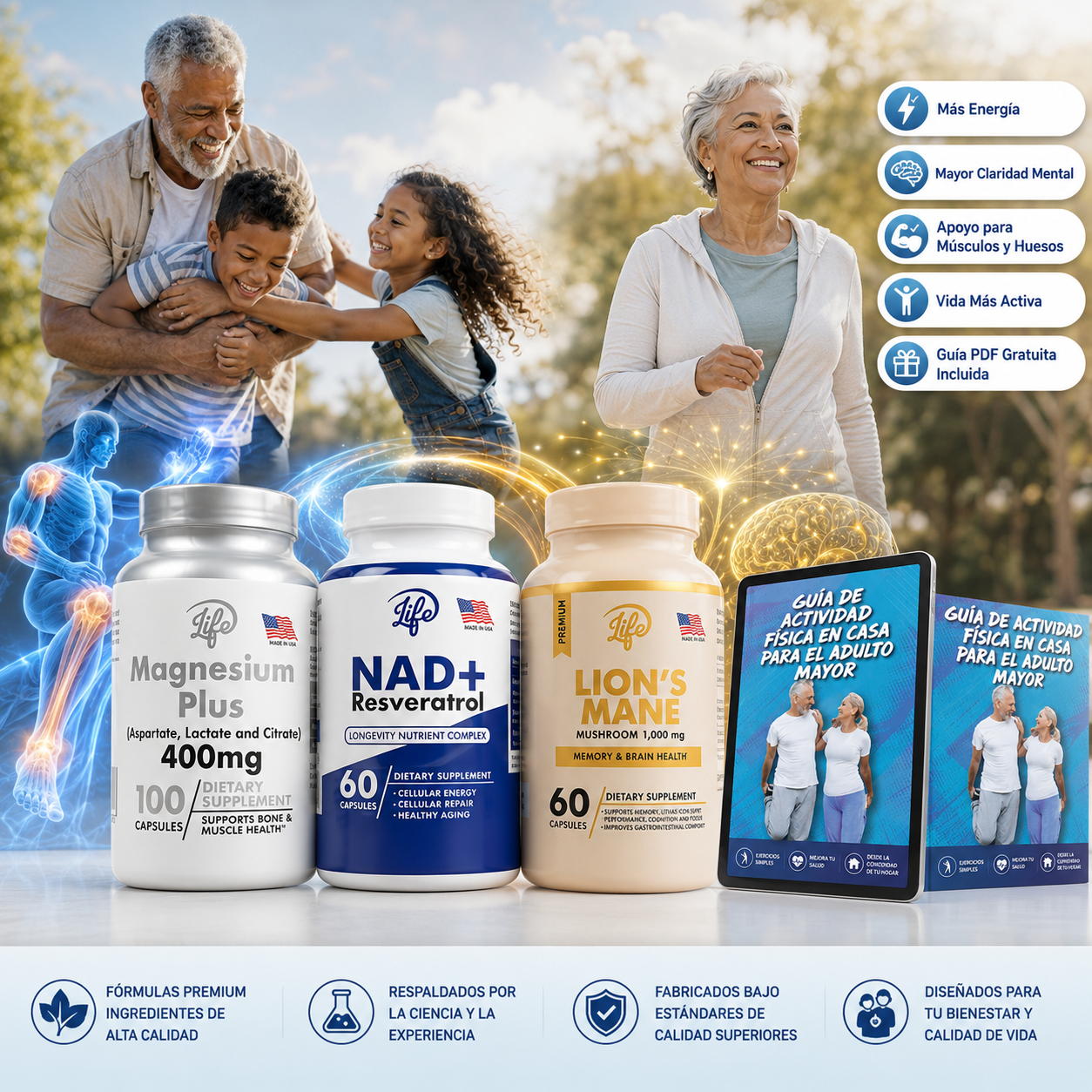 COMBO Trío Vitalidad Máxima (Magnesio + Melena de leon + Nad+ resveratrol) + Guia Gratuita