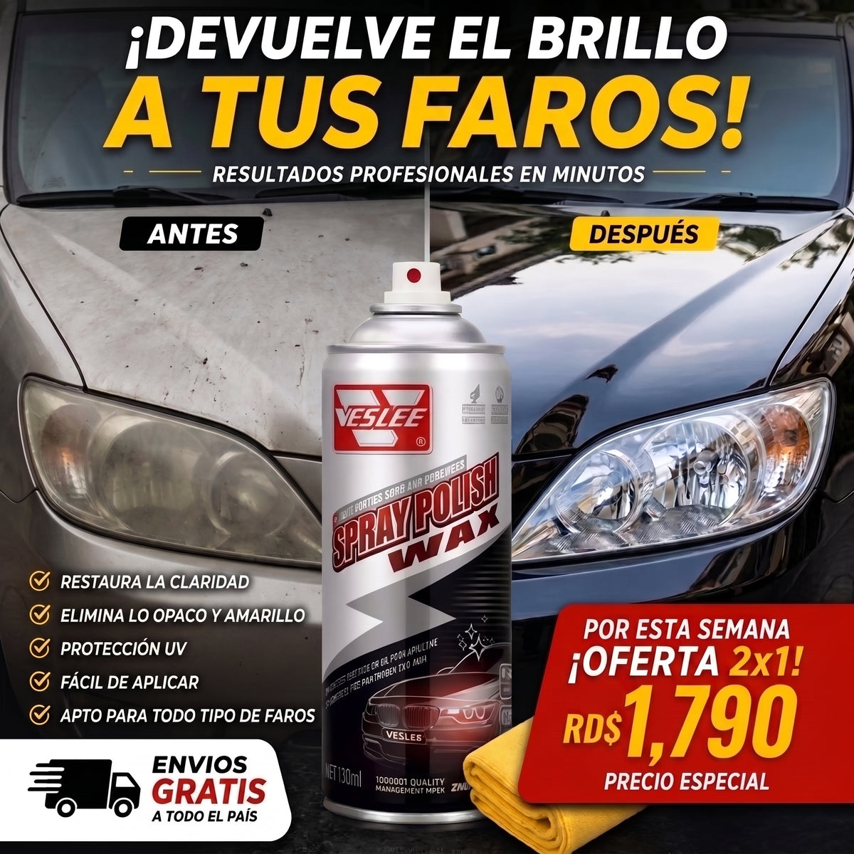 2x1 Spray Restaurador de Faros Veslee 450ML