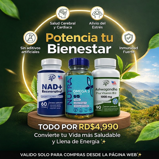 Combo de Bienestar (ASHWAGANDA, NAD + RESVERATROL, OMEGA 3)