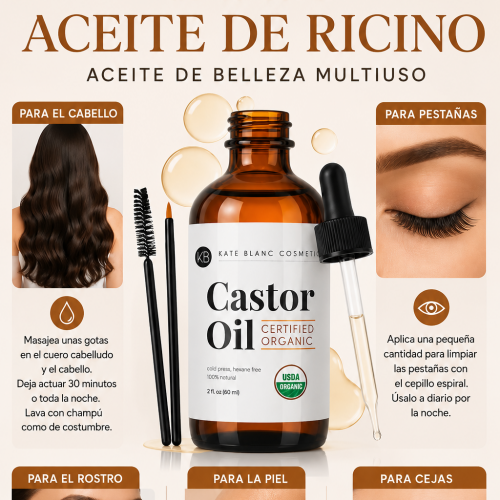 ACEITE RICINO - Orgánico Premium 100% Puro, Prensado en Frío para Cabello, Pestañas, Cejas y Piel
