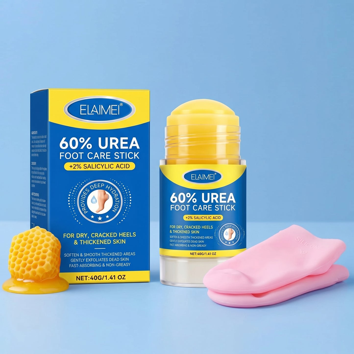 COMBO DE UN PAR DE MEDIAS DE SILICONA + Barra hidratante con 60% urea y ácido salicílico